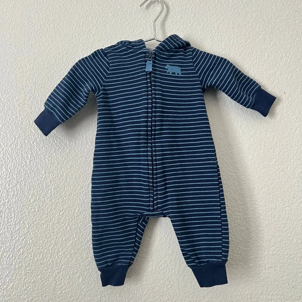 Carter’s stripe bear ear bunting hoodie zip one piece navy blue